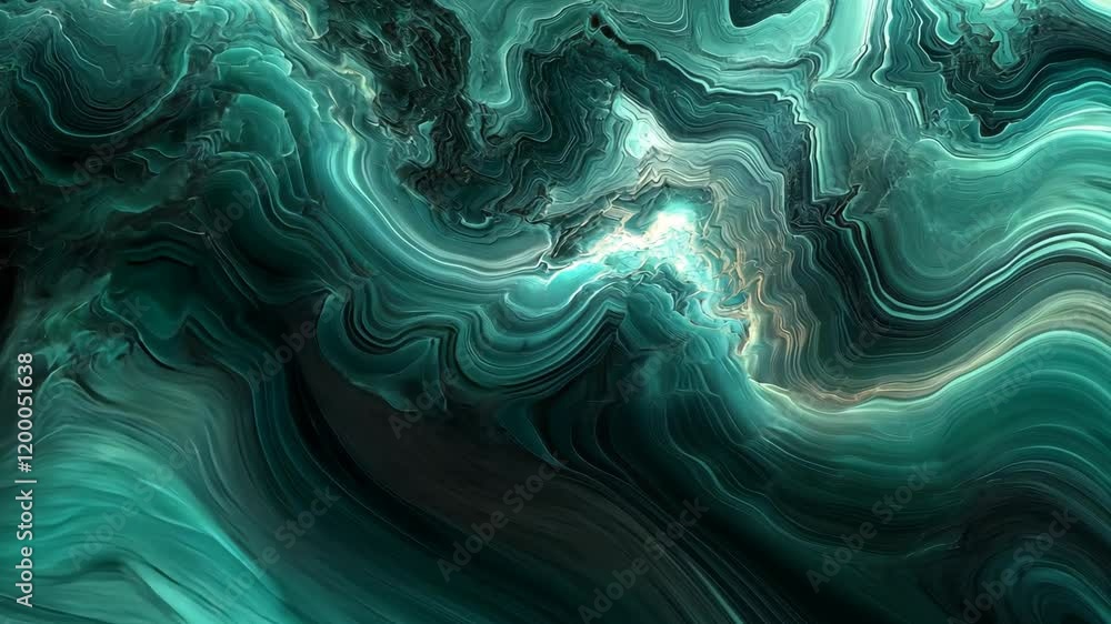 Poster intricate abstract swirls created by blending turquoise and green colors in a fluid art technique