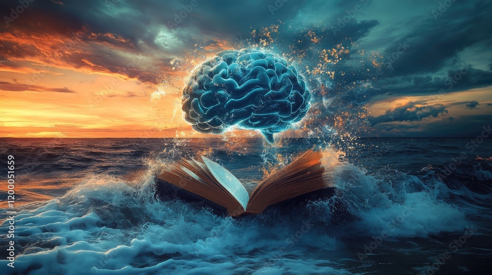 Poster a luminous brain emerges from an open book above ocean waves