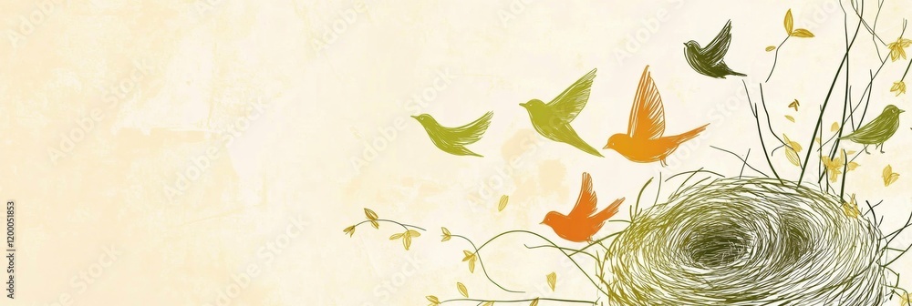 Aufkleber colorful birds flying around a nest in a serene environment during the day in a peaceful natural set