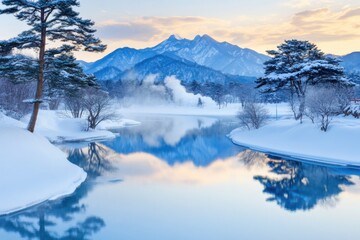 Steam clouds rise over Uljin Deokgu Hot Springs with snow-capped peaks under a pastel winter sky at dawn