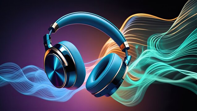 Wireless headphones, headset, and smart speaker with futuristic design, light effects, and digital sound waves – modern technology for music and entertainment.