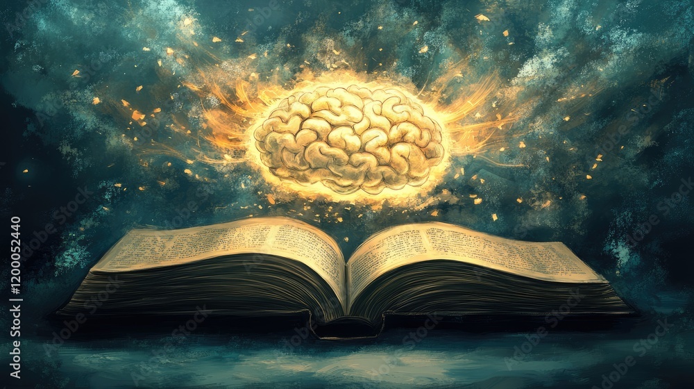 Poster Glowing Brain Above Open Ancient Book Of Knowledge