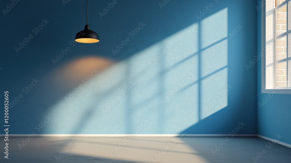 Poster bright blue room with a hanging lamp and shadow patterns from a window on the wall