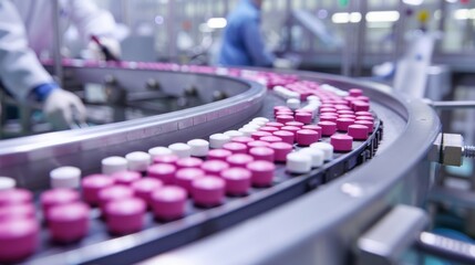 Obraz premium A state-of-the-art industrial pharmaceutical manufacturing plant with engineers overseeing the production of life-saving medications under strict quality control