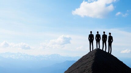 Group of Business Figures Silhouetted Against Lush Mountain Landscape with Blue Sky and Clouds