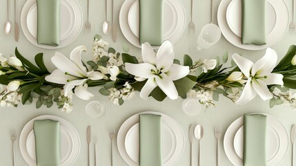 Elegant Table Setting With White Lilies And Sage Napkins