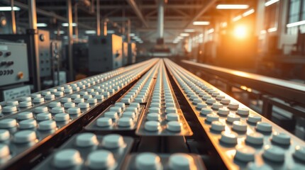 Fototapeta premium Pharmaceutical pills on a conveyor belt moving through a factory. Production line in full swing.