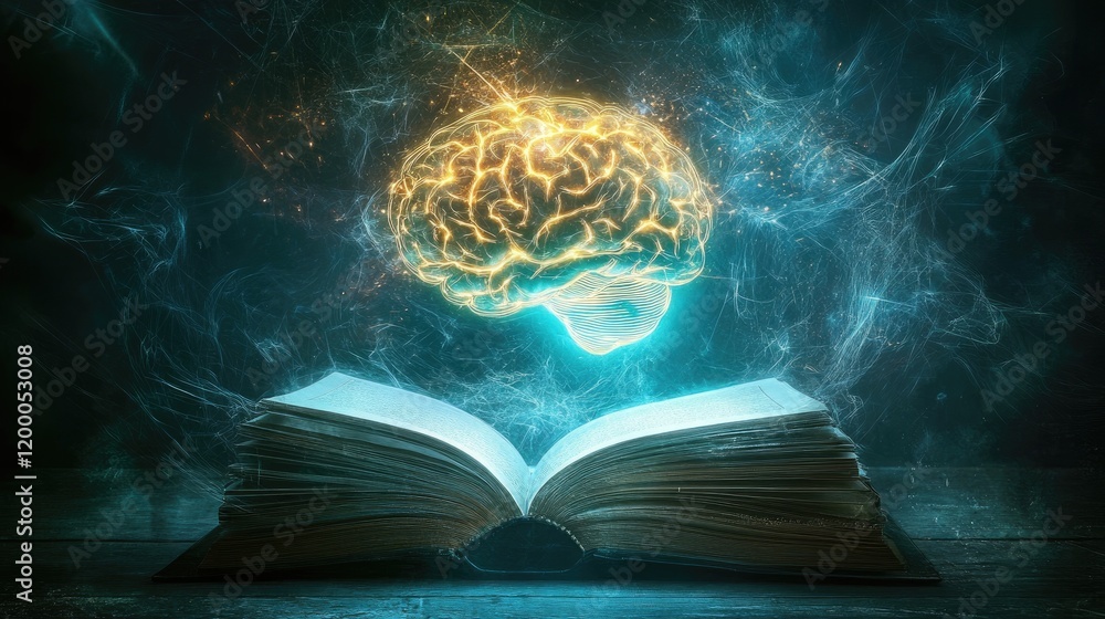 Poster Glowing Brain Above Open Ancient Book of Knowledge
