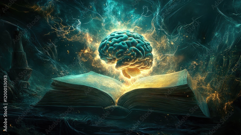 Aufkleber Glowing Brain Above Open Ancient Book Illuminating Knowledge