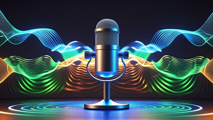 Wireless headphones, headset, and smart speaker with futuristic design, light effects, and digital sound waves – modern technology for music and entertainment.