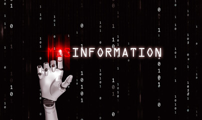 AI and the concept of fake news, misinformation, and disinformation: A robot's hand, representing artificial intelligence, touches the word misinformation with binary code in the background.
