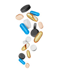 Various medical pills in the air close up. Levitation of tablets on white background