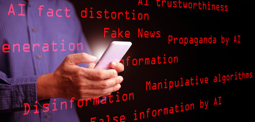AI, artificial intelligence, and the concept of fake news, misinformation, and disinformation: A man uses his smartphone, with the red text Fake News displayed, surrounded by other related keywords.
