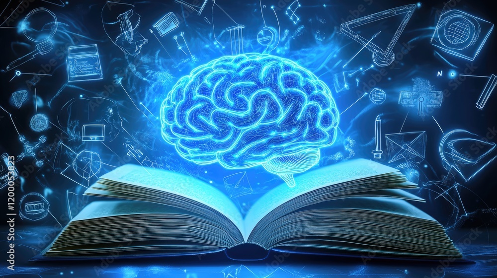 Aufkleber illuminated brain above open book showing knowledge acquisition