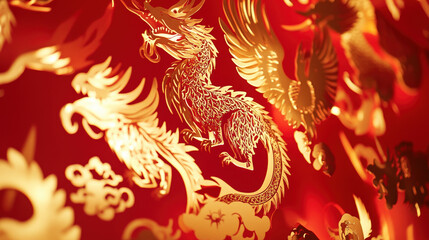 Golden Dragon on Red Background Intricate Design Texture