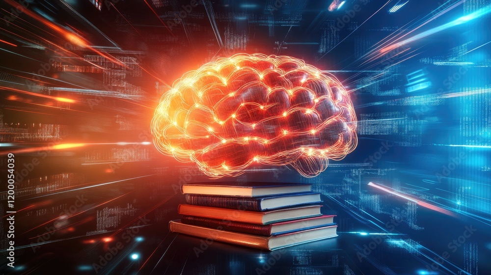 Poster Illuminated Brain Above Stack of Books Representing Knowledge