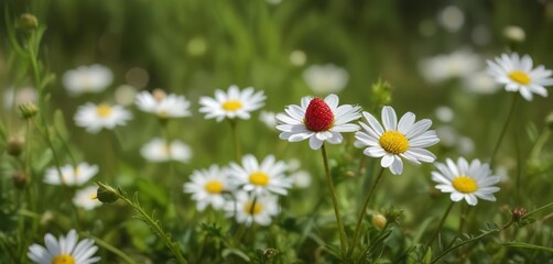 Fototapeta premium Macro shot of tiny wild strawberry growing among delicate field daisies, wildflower, growth, agriculture, contrast