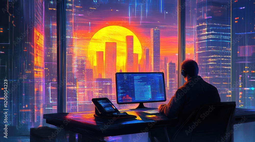 Poster programmer working late night cityscape sunset view