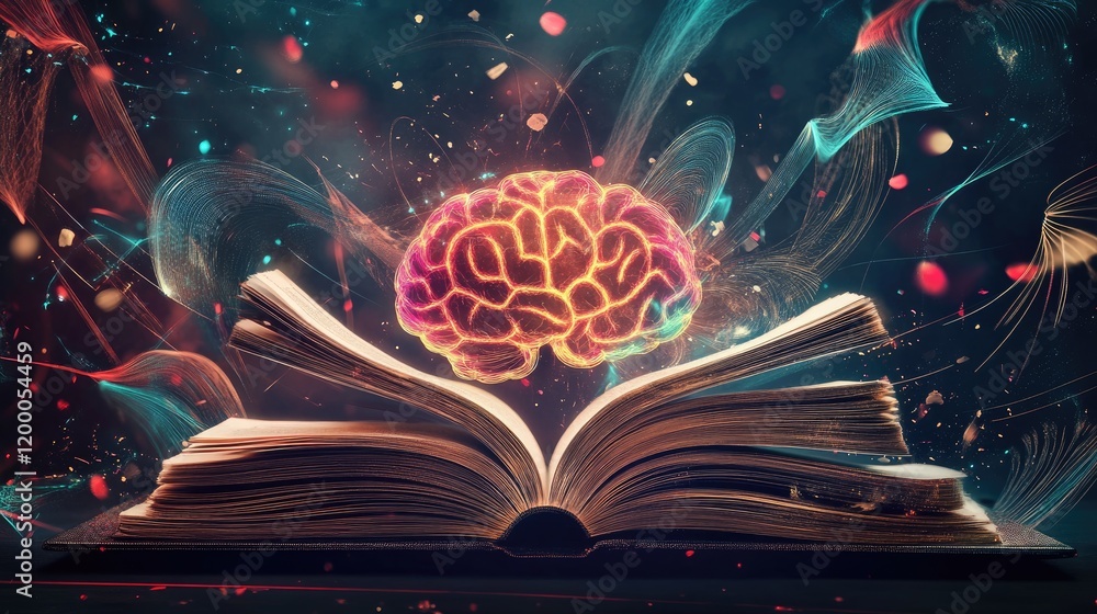 Poster Illuminated Brain Emerging From Open Ancient Book