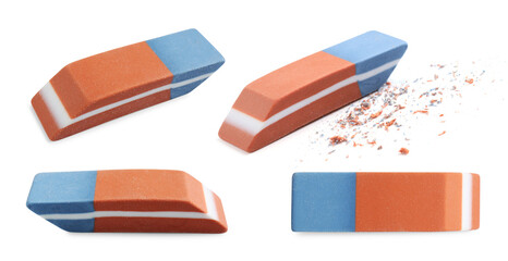 Eraser isolated on white, collage. Different sides