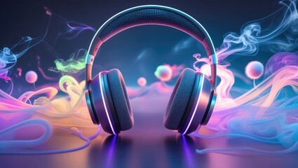 Wireless headphones, headset, and smart speaker with futuristic design, light effects, and digital sound waves – modern technology for music and entertainment.