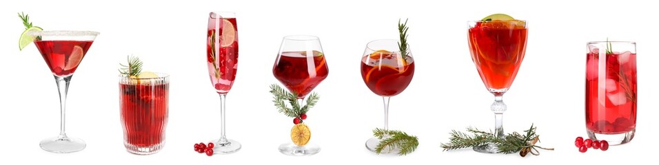 Different Christmas cocktails isolated on white, set