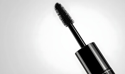 Close-up of mascara wand with black bristles and glossy black tube against a light gray background.