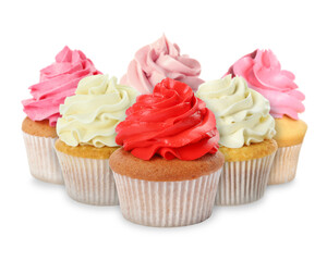 Delicious cupcakes with colorful cream isolated on white