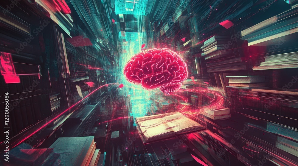 Poster a luminous brain floats above books in a surreal library