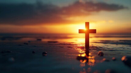 Silhouette Cross Sunset Peaceful Ocean Scene