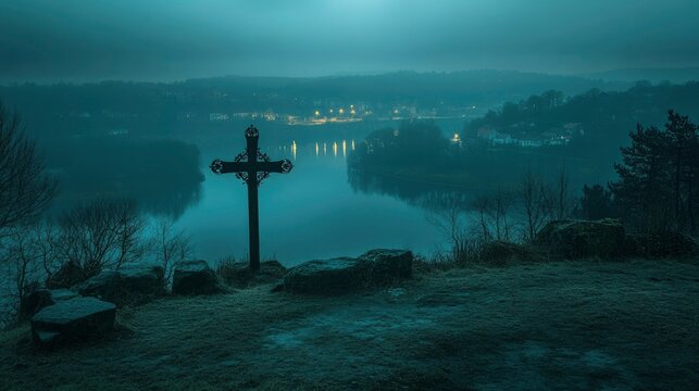 Ornate Cross Stands Silhouette Against Night River Landscape - Powered by Adobe