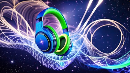 Wireless headphones, headset, and smart speaker with futuristic design, light effects, and digital sound waves &ndash; modern technology for music and entertainment.