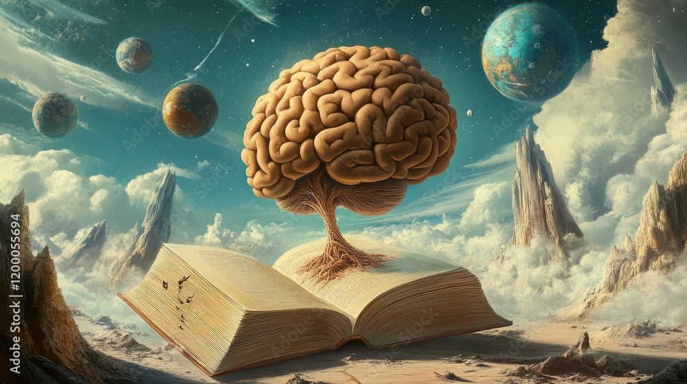 Poster A Brain Tree Grows From An Open Book In A Surreal Landscape