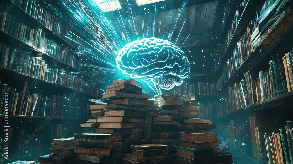 Poster luminous brain above stacked books in library