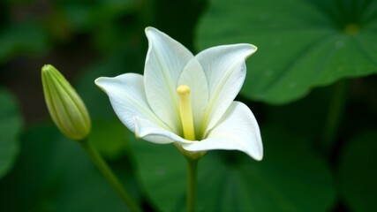 an open white flower against a background of blurred green grass