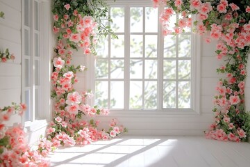 Maternity backdrop wedding backdrop photography background with delicate flowers and vintage white wall and windows