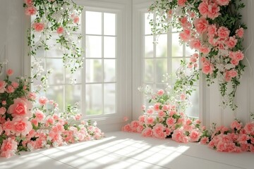 Maternity backdrop wedding backdrop photography background with delicate flowers and vintage white wall and windows