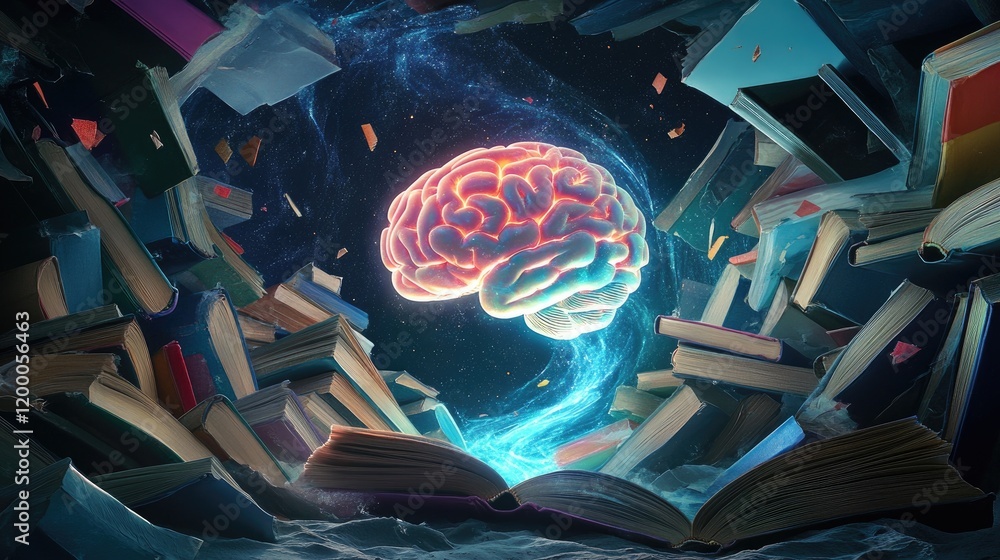 Poster Illuminated Brain Emerging From Open Book Surrounded By Books