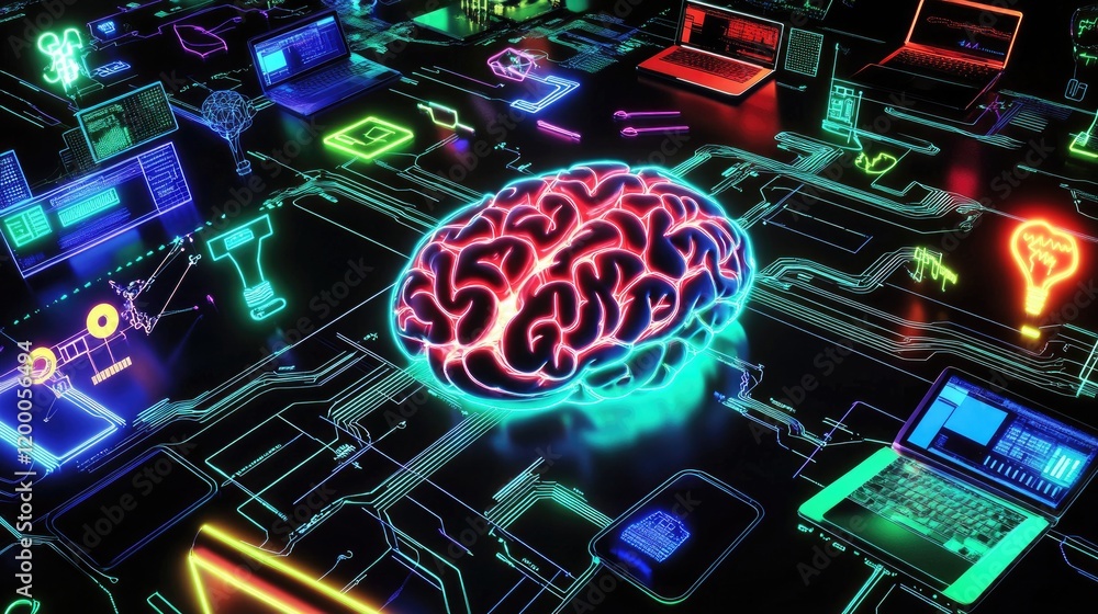 Poster a glowing brain on a neon circuit board with laptops