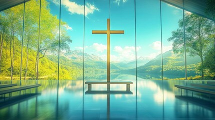 Tranquil Chapel With Cross And Scenic Mountain View