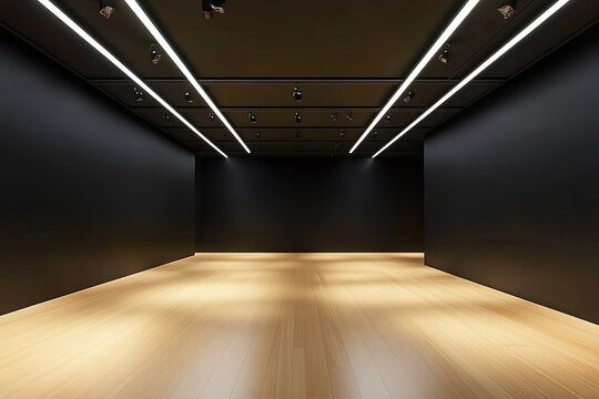 Modern gallery interior with dark walls wooden flooring and ceiling lighting creating a contemporary and minimalist aesthetic.