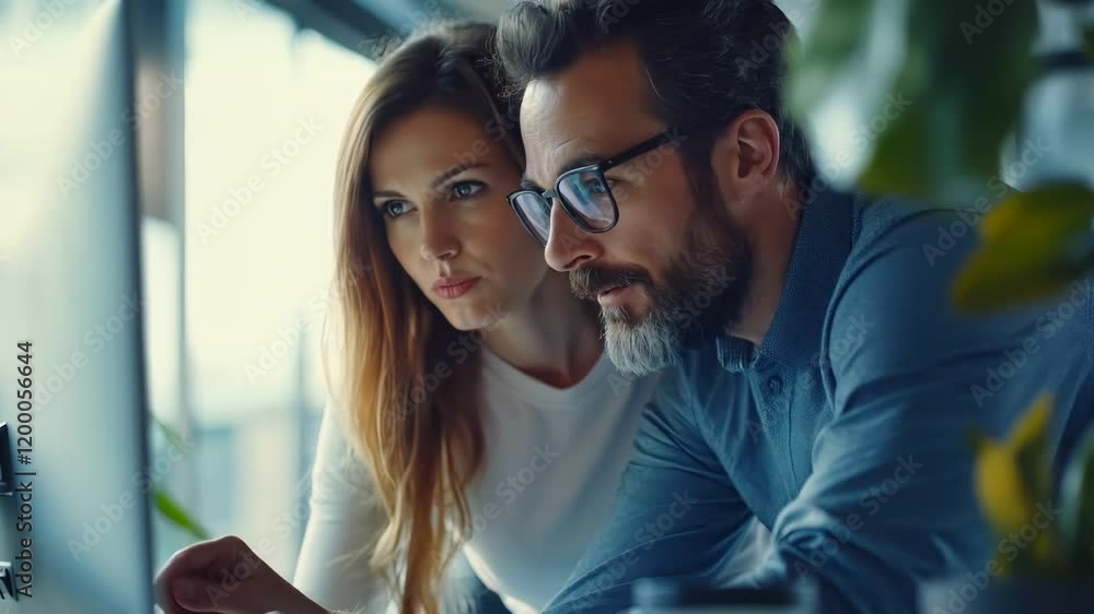 Aufkleber two professionals engage in a collaborative discussion in a modern office environment, examining doc