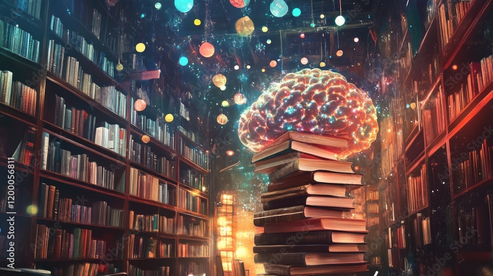 Poster illuminated brain above stacked books in library