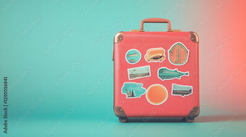 Poster retro suitcase adorned with vibrant travel stickers ready for adventure and exploration around the w