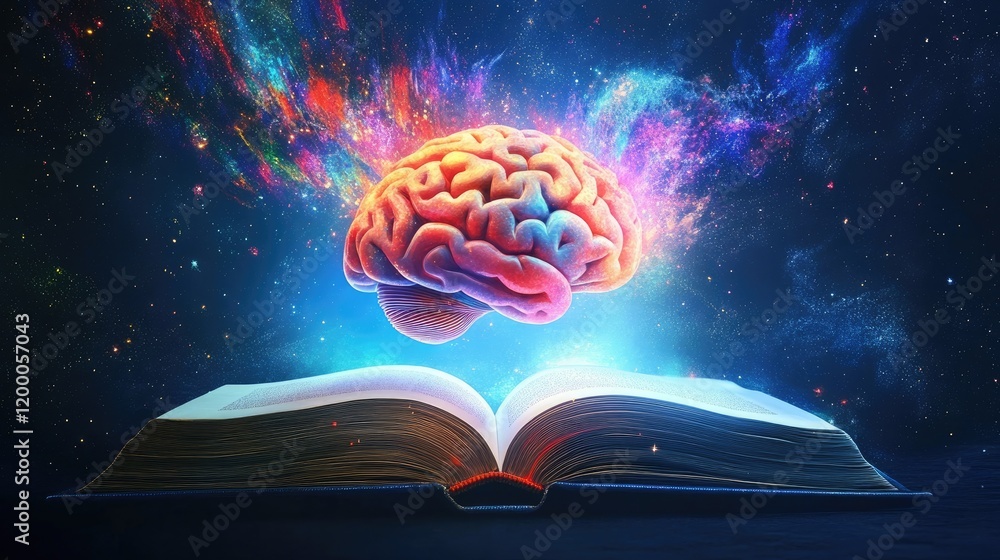Poster A vibrant brain floats above an open book in a cosmic setting