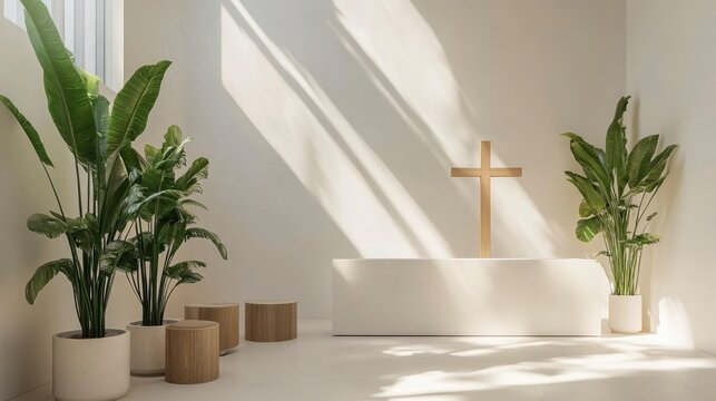 Minimalist Sanctuary Featuring A Wooden Cross And Plants