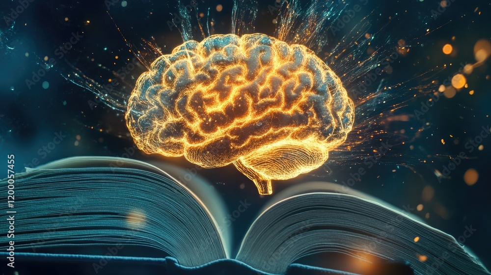 Poster illuminated brain above open book knowledge glows