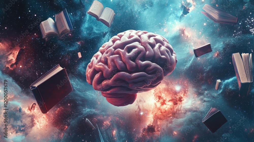 Poster a human brain surrounded by floating books in space