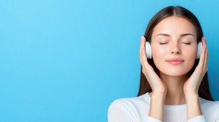Naklejka premium Young Woman Enjoying Music with Headphones on Blue Background in Relaxed and Peaceful Mood