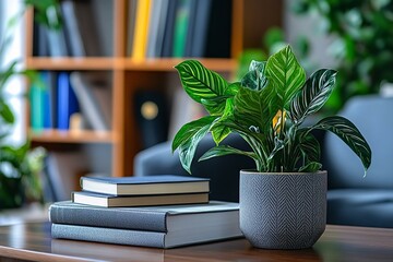 well-lit office room with a stylish bookcase creating an ideal Zoom virtual background for professional meetings or virtual events